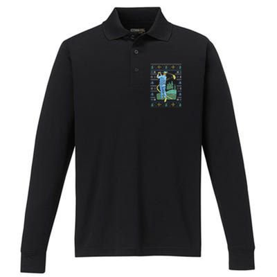 Cringey Golf Art Funny Ugly Christmas Sweater Style Golfing Gift Performance Long Sleeve Polo