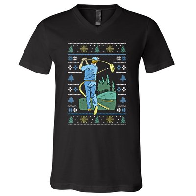 Cringey Golf Art Funny Ugly Christmas Sweater Style Golfing Gift V-Neck T-Shirt