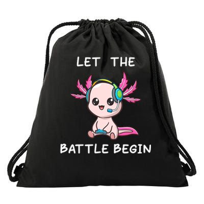 Cool gamer axolotl gaming funny saying Let the Battle Begin Drawstring Bag