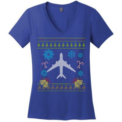Christmas Gift Airplane Pilot Christmas Ugly Women's V-Neck T-Shirt