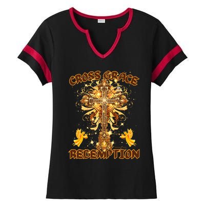 CROSS GRACE AND REDEMPTION Christian Design Ladies Halftime Notch Neck Tee