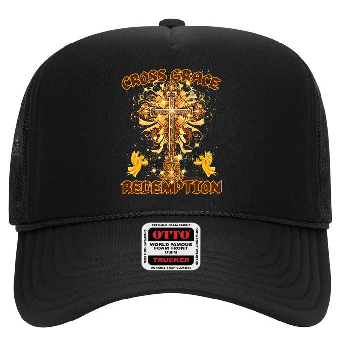 CROSS GRACE AND REDEMPTION Christian Design High Crown Mesh Back Trucker Hat