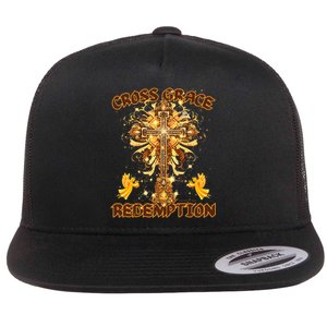 CROSS GRACE AND REDEMPTION Christian Design Flat Bill Trucker Hat