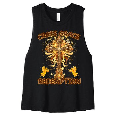 CROSS GRACE AND REDEMPTION Christian Design Women's Racerback Cropped Tank