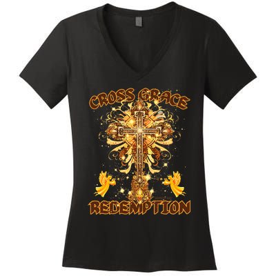 CROSS GRACE AND REDEMPTION Christian Design Women's V-Neck T-Shirt