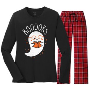 Cute Ghost Book Reading Halloween Teacher Top Women's Long Sleeve Flannel Pajama Set 