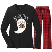 Cute Ghost Book Reading Halloween Teacher Top Women's Long Sleeve Flannel Pajama Set 