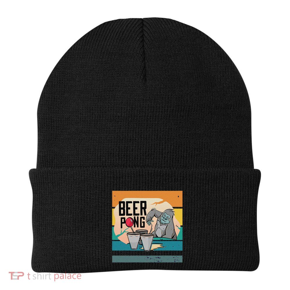 Cool Gorilla Beer Pong Playful Determined Toss Cups Red Ball Knit Cap Winter Beanie