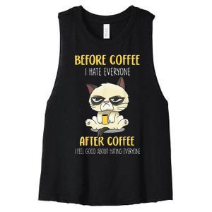 Cat Grumpy Before Coffee I Hate Everyone After Coffee Women's Racerback Cropped Tank