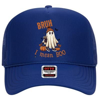 Cute Ghost Bruh I Mean Boo Halloween Ice Coffee High Crown Mesh Back Trucker Hat