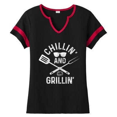 Chilling & Grilling BBQ Grill Chef Funny Barbecue Ladies Halftime Notch Neck Tee