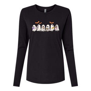 Cute Ghost Book Reading Halloween Womens Cotton Relaxed Long Sleeve T-Shirt