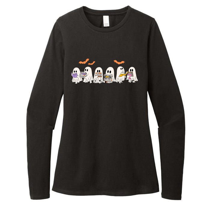 Cute Ghost Book Reading Halloween Womens CVC Long Sleeve Shirt