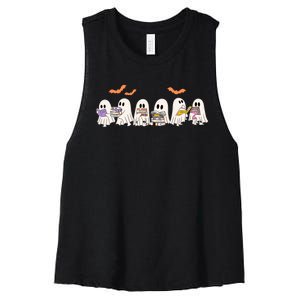 Cute Ghost Book Reading Halloween Women's Racerback Cropped Tank