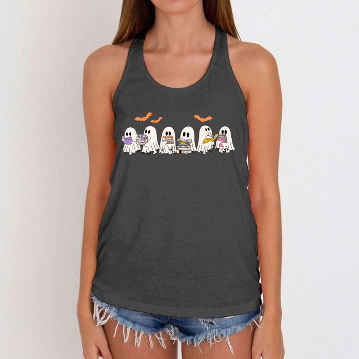 Cute Ghost Book Reading Halloween Women's Knotted Racerback Tank