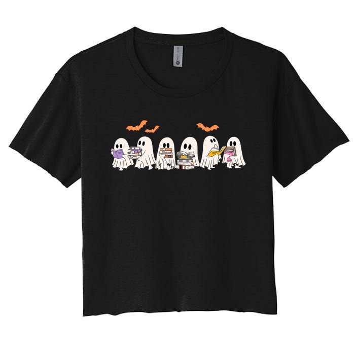 Cute Ghost Book Reading Halloween Women's Crop Top Tee