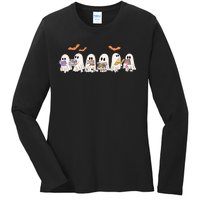 Cute Ghost Book Reading Halloween Ladies Long Sleeve Shirt