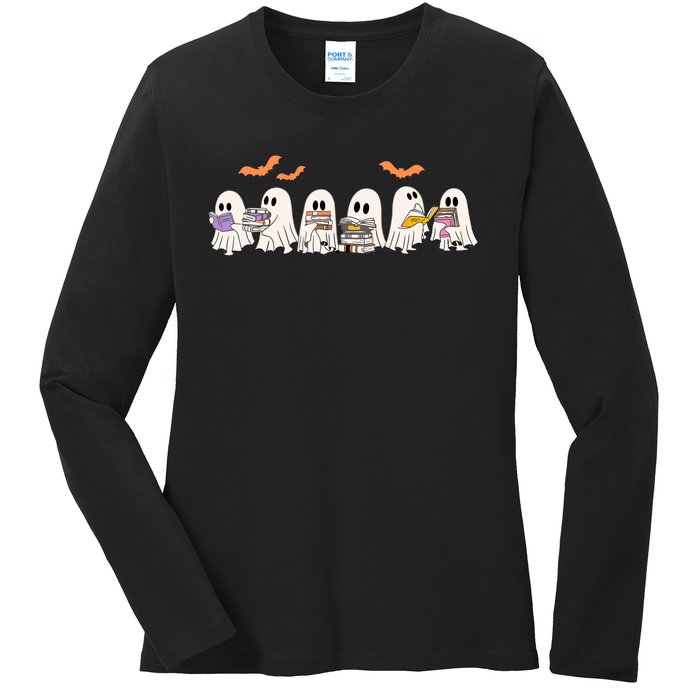 Cute Ghost Book Reading Halloween Ladies Long Sleeve Shirt