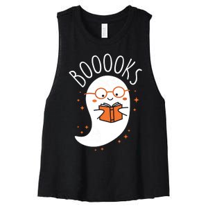 Cute Ghost Book Reading Halloween Teacher Women's Racerback Cropped Tank