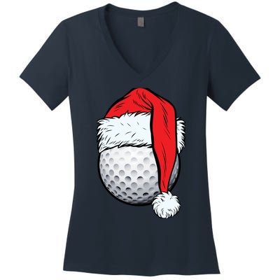 Christmas Golf Ball Santa Hat Funny Sport Xmas Women's V-Neck T-Shirt