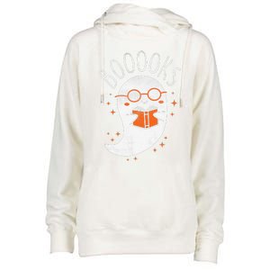 Cute Ghost Book Reading Halloween Teacher Top Womens Funnel Neck Pullover Hood