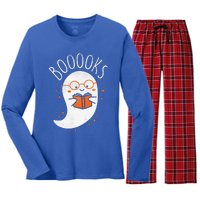 Cute Ghost Book Reading Halloween Teacher Top Women's Long Sleeve Flannel Pajama Set 