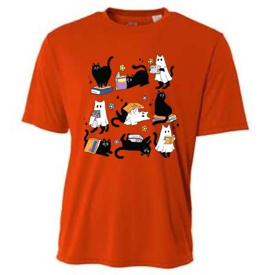 Cute Ghost Black Cat Reading Books Spooky Halloween Bookish Cooling Performance Crew T-Shirt