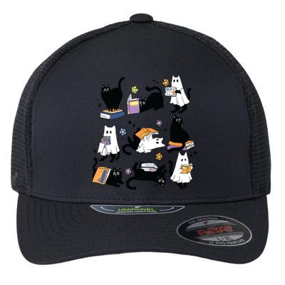 Cute Ghost Black Cat Reading Books Spooky Halloween Bookish Flexfit Unipanel Trucker Cap