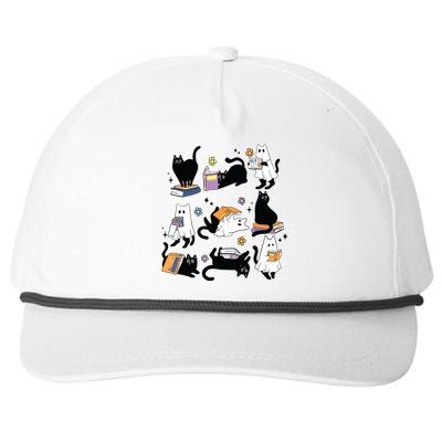 Cute Ghost Black Cat Reading Books Spooky Halloween Bookish Snapback Five-Panel Rope Hat