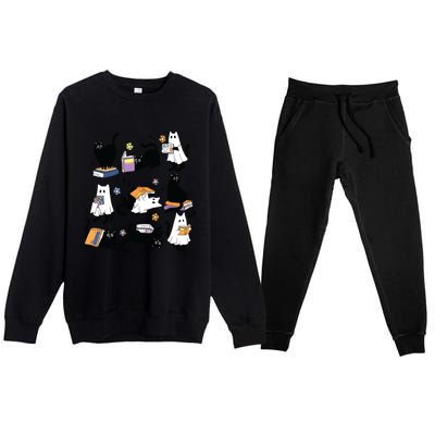 Cute Ghost Black Cat Reading Books Spooky Halloween Bookish Premium Crewneck Sweatsuit Set