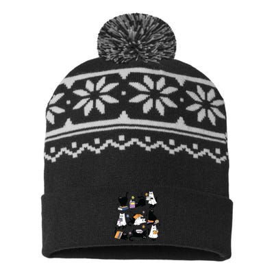 Cute Ghost Black Cat Reading Books Spooky Halloween Bookish USA-Made Snowflake Beanie