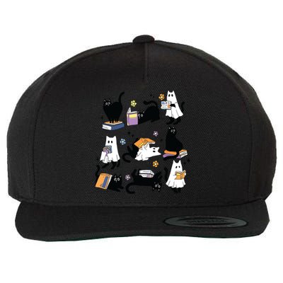 Cute Ghost Black Cat Reading Books Spooky Halloween Bookish Wool Snapback Cap