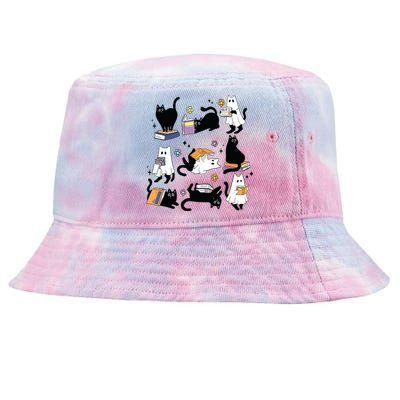 Cute Ghost Black Cat Reading Books Spooky Halloween Bookish Tie-Dyed Bucket Hat