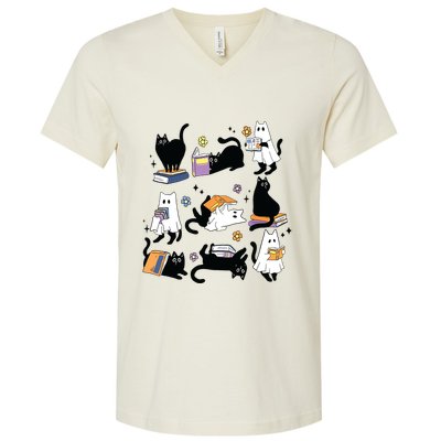 Cute Ghost Black Cat Reading Books Spooky Halloween Bookish V-Neck T-Shirt