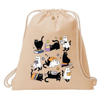 Cute Ghost Black Cat Reading Books Spooky Halloween Bookish Drawstring Bag