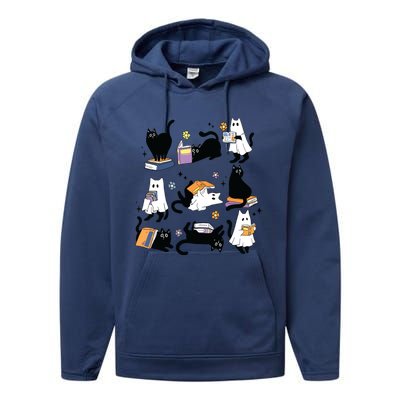 Cute Ghost Black Cat Reading Books Spooky Halloween Bookish Performance Fleece Hoodie