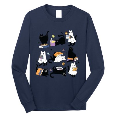 Cute Ghost Black Cat Reading Books Spooky Halloween Bookish Long Sleeve Shirt