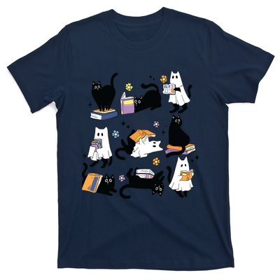 Cute Ghost Black Cat Reading Books Spooky Halloween Bookish T-Shirt