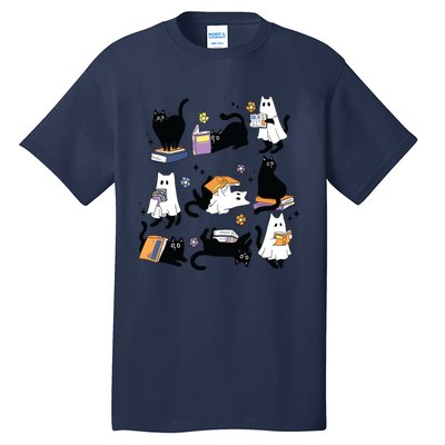 Cute Ghost Black Cat Reading Books Spooky Halloween Bookish Tall T-Shirt