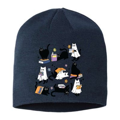 Cute Ghost Black Cat Reading Books Spooky Halloween Bookish Sustainable Beanie