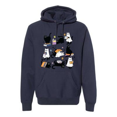 Cute Ghost Black Cat Reading Books Spooky Halloween Bookish Premium Hoodie