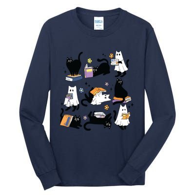 Cute Ghost Black Cat Reading Books Spooky Halloween Bookish Tall Long Sleeve T-Shirt