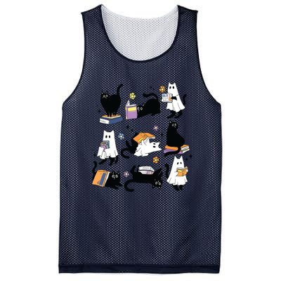 Cute Ghost Black Cat Reading Books Spooky Halloween Bookish Mesh Reversible Basketball Jersey Tank