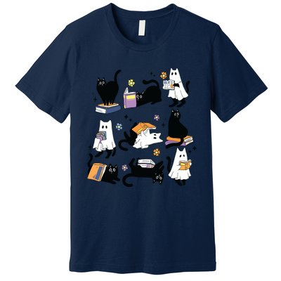 Cute Ghost Black Cat Reading Books Spooky Halloween Bookish Premium T-Shirt