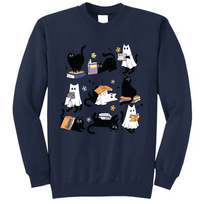 Cute Ghost Black Cat Reading Books Spooky Halloween Bookish Tall Sweatshirt