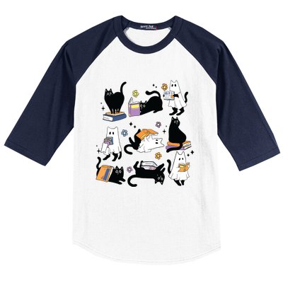 Cute Ghost Black Cat Reading Books Spooky Halloween Bookish Baseball Sleeve Shirt