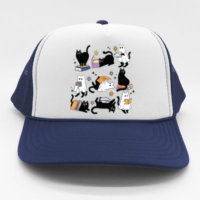 Cute Ghost Black Cat Reading Books Spooky Halloween Bookish Trucker Hat