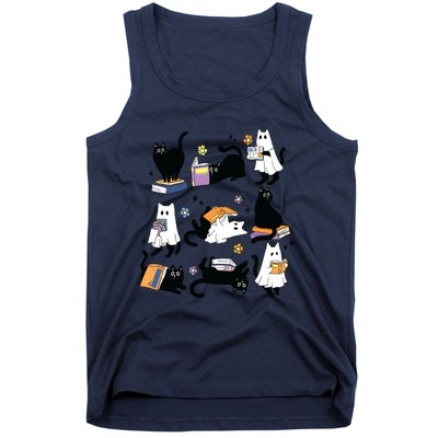 Cute Ghost Black Cat Reading Books Spooky Halloween Bookish Tank Top