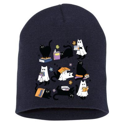 Cute Ghost Black Cat Reading Books Spooky Halloween Bookish Short Acrylic Beanie