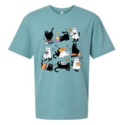 Cute Ghost Black Cat Reading Books Spooky Halloween Bookish Sueded Cloud Jersey T-Shirt